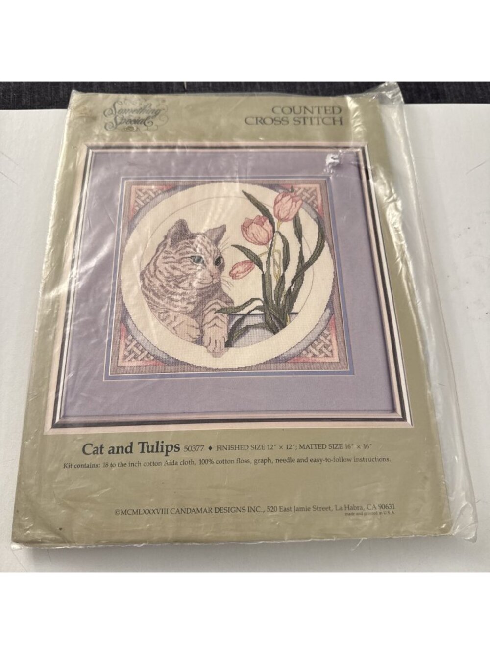 Something Special Cross Stitch Kit Cat and Tulips 1988 Candamar Designs New J29